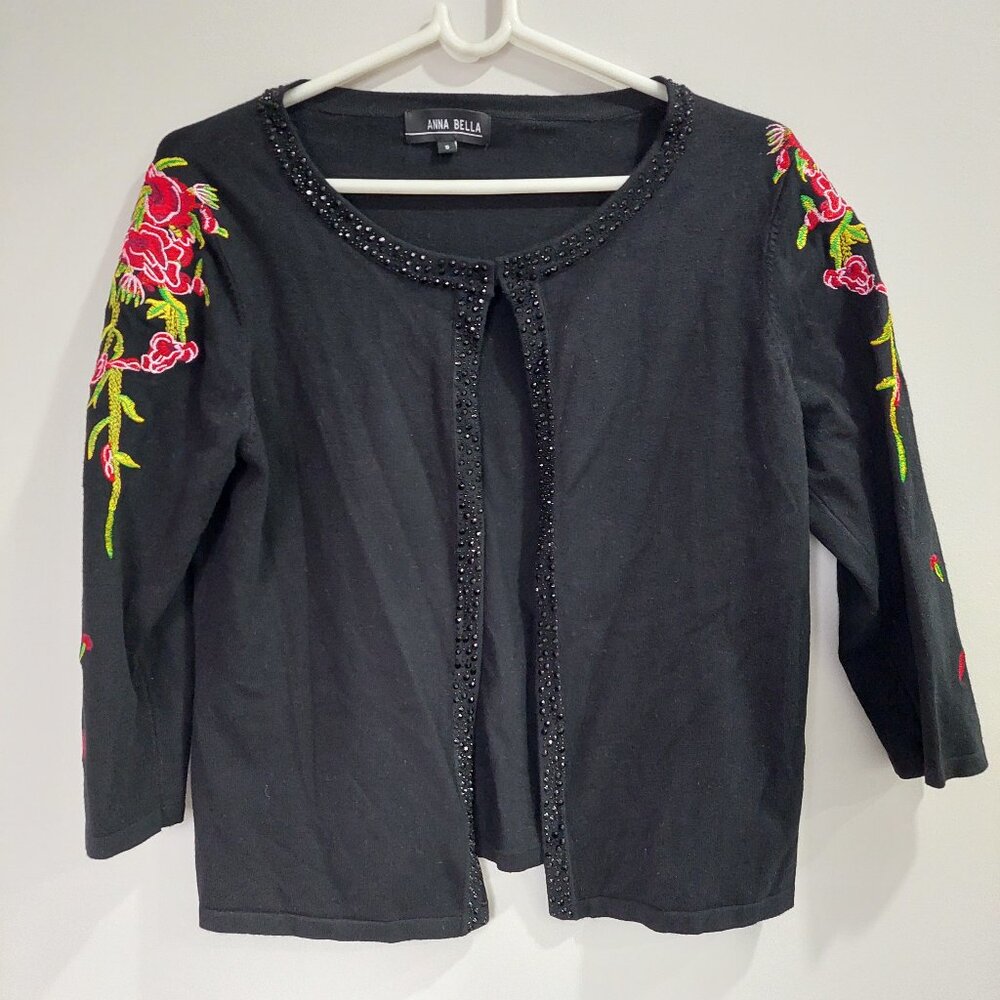Anna Bella Cardigan Floral Embroidery Shoulders Beaded Trim Women's S